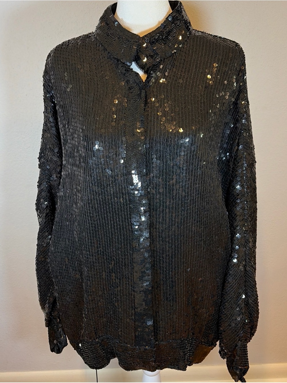 Vintage 80s Caché Black Sequin Silk Bomber Jacket L Coat Evening Party Disco⁠